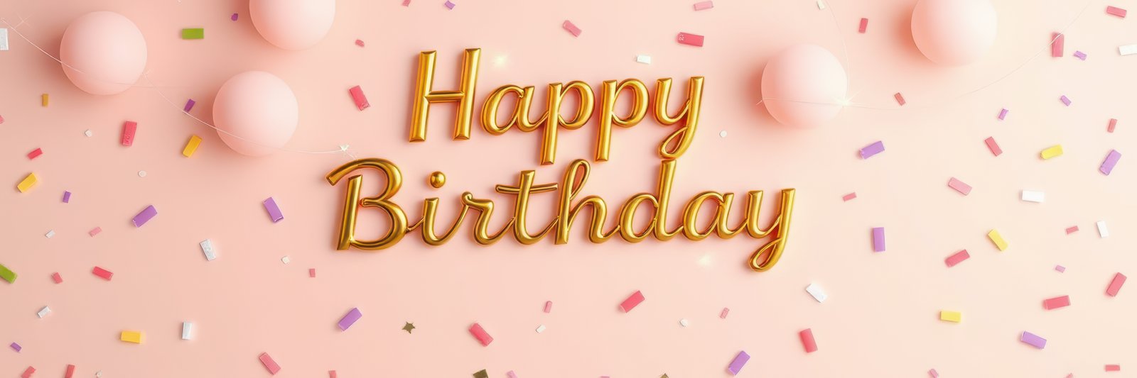 Festive decoration featuring golden text wishing happy birthday with colorful sprinkles and round candies on a pastel pink background